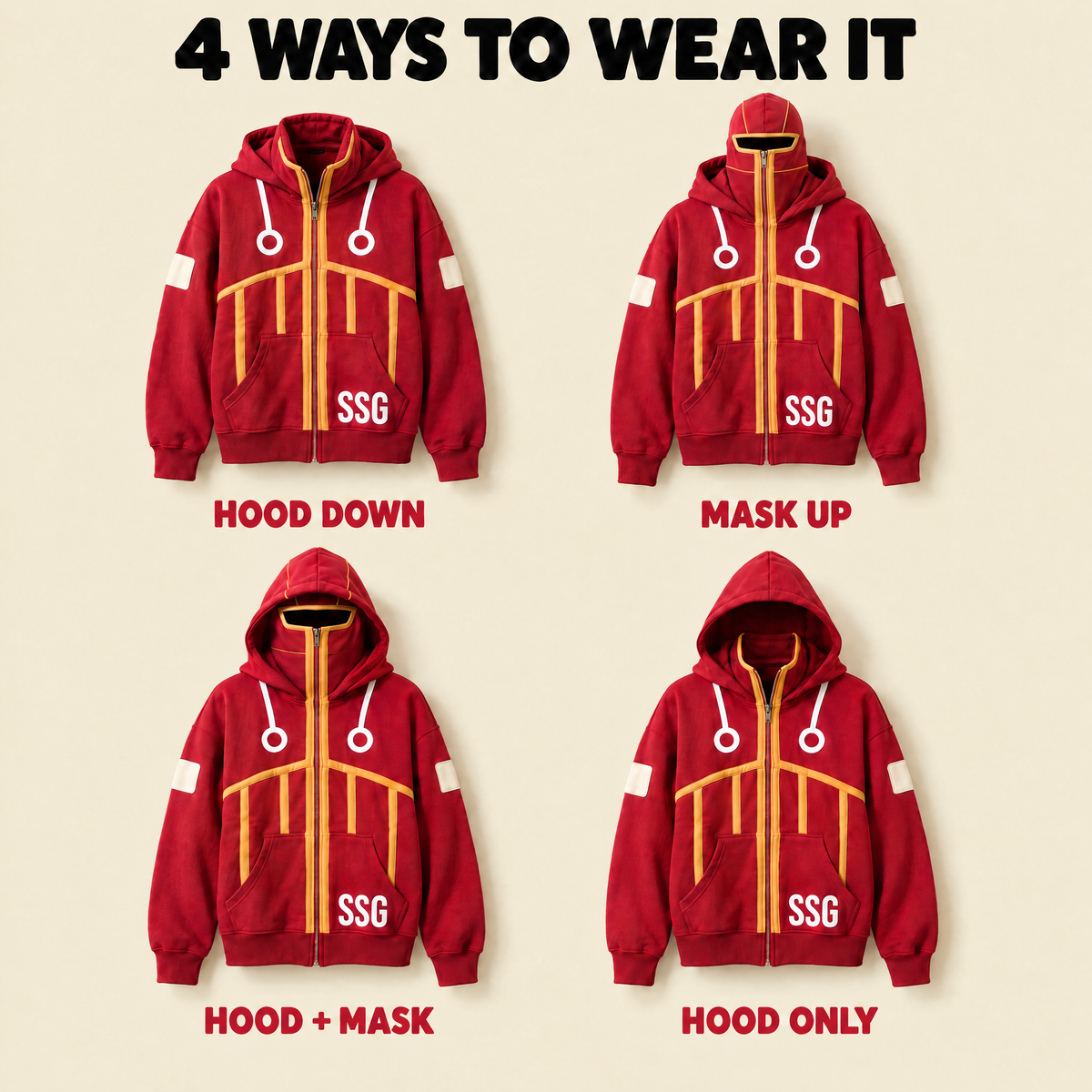 4 ways to wear the SSG Hoodie: hood down, mask up, hood + mask, hood only