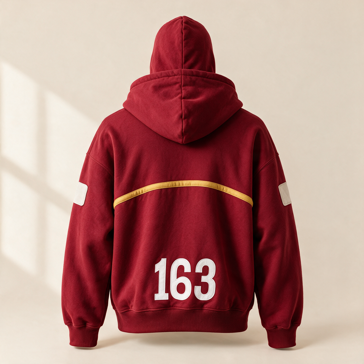 The SSG Hoodie – back view with 163 print and gold piping