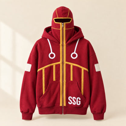 The SSG Hoodie – red zip-up hoodie with built-in mask, front view
