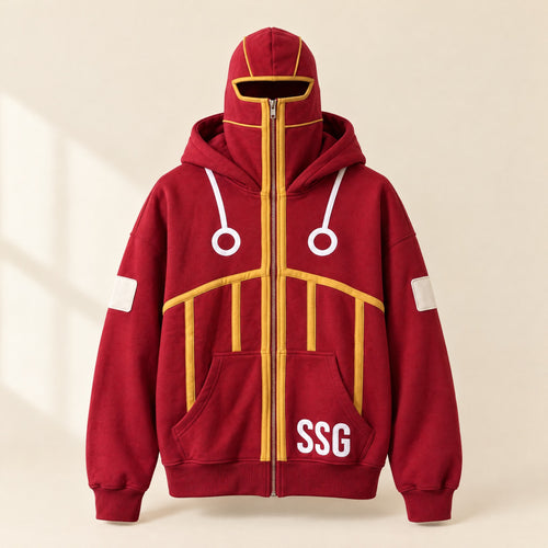 The SSG Hoodie – red zip-up hoodie with built-in mask, front view