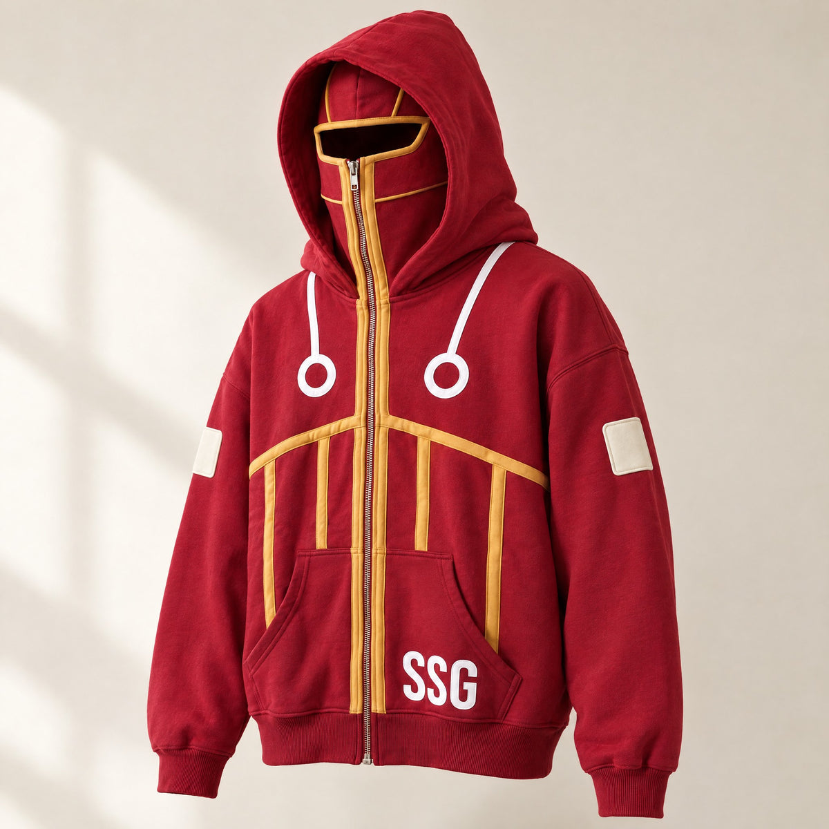 The SSG Hoodie with hood up, three-quarter view