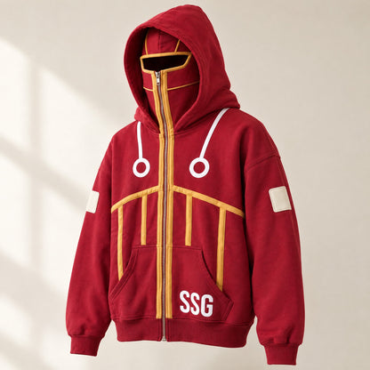 The SSG Hoodie with hood up, three-quarter view
